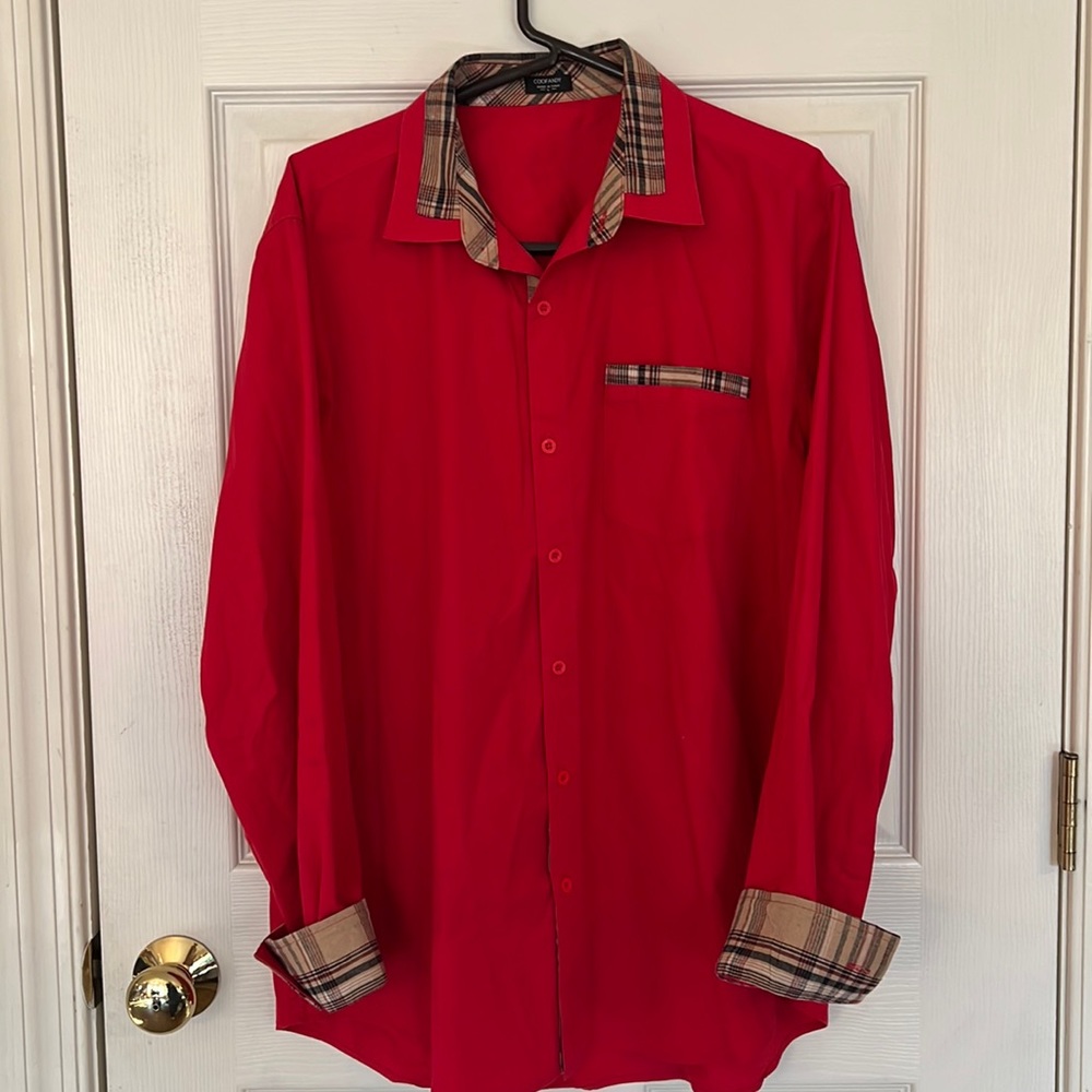Coofandy men’s Red boho shirt‎ with plaid coltans cuffs like new condition - Picture 2 of 6